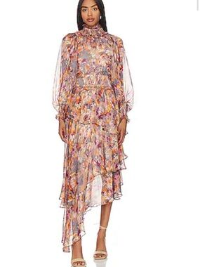 Elliatt Floral Ruffle High-Neck Maxi Dress in Pink, Orange and Purple